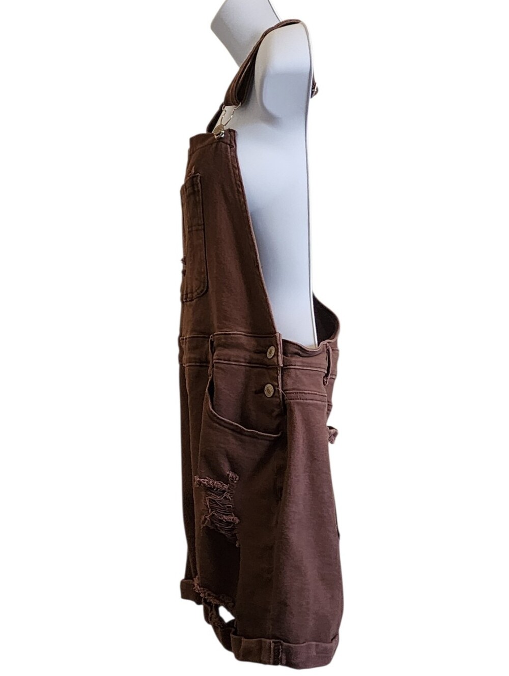 Overall brown denim shorts distressed casual adjustable straps, pockets, fun! - Picture 6 of 14